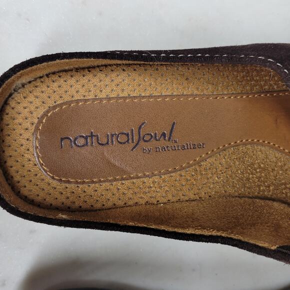 Vintage Naturalizer Natural Soul Fanner Suede Mules Womens 7 Brown Leather Bow - Picture 2 of 15